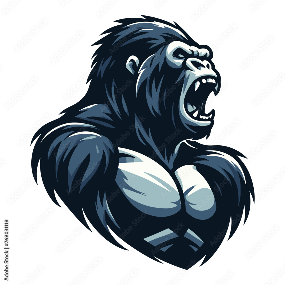 Fototapeta premium Wild angry gorilla head face vector illustration, primate animal zoology element illustration, roaring strong big ape logo mascot, design template isolated on white background