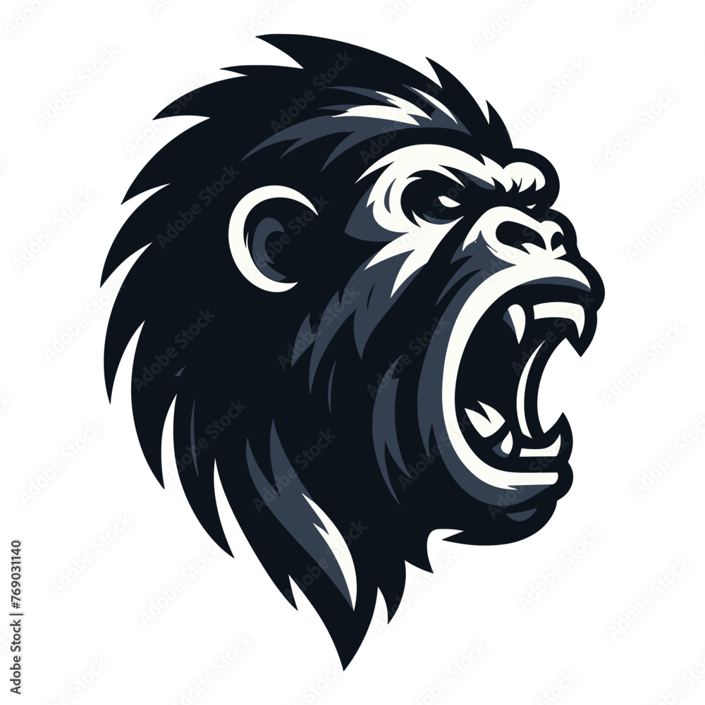 Wild angry gorilla head face design illustration, roaring strong big ape logo mascot, primate animal zoology element illustration, vector template isolated on white background Wild angry gorilla head face design illustration, roaring strong big ape logo mascot, primate animal zoology element illustration, vector template isolated on white background