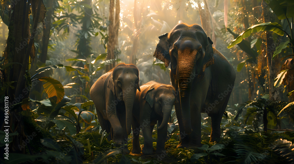 Fototapeta premium Family of elephants foraging in the dense jungle