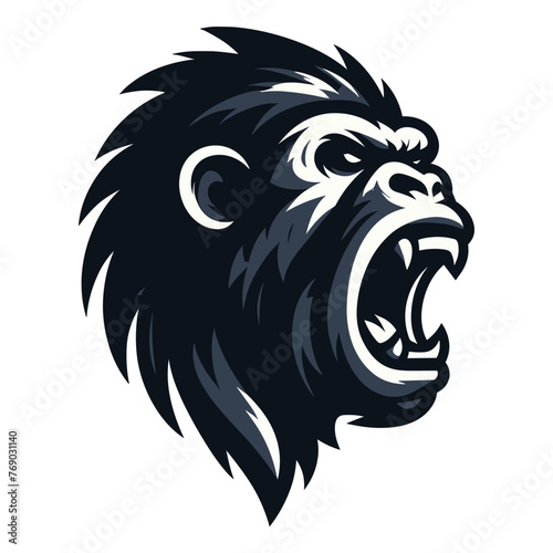 Wild angry gorilla head face design illustration  roaring strong big ape logo mascot  primate animal zoology element illustration  vector template isolated on white background