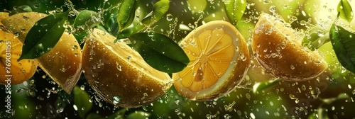 Banner, lemons lie beautifully on the surface of tea, leaves fly beautifully, beautiful splashes