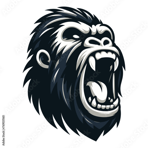 Wild angry gorilla head face design illustration, roaring strong big ape logo mascot, primate animal zoology element illustration, vector template isolated on white background