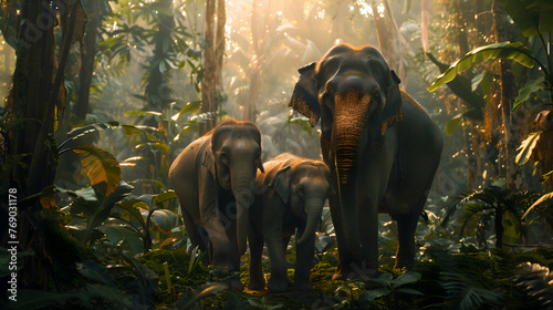 Family of elephants foraging in the dense jungle