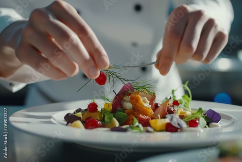 Modern food stylists decorate meals for presentation in the restaurant, food decoration by a male hand, food decoration closeup, food decoration by chef, meals presentation, food presentation closeup 