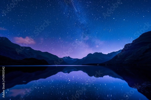 Mountainous lake under a starry night sky, creating a serene natural landscape