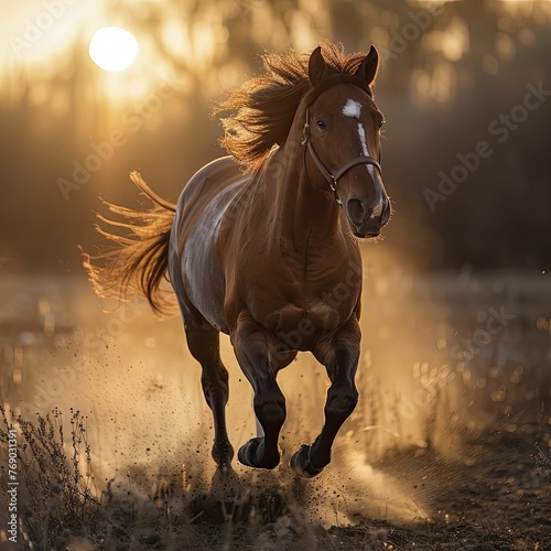 Dynamic Horse in Motion on Dusty Trail Floor, Sunset Backlight, Ideal for Sports and Outdoor Lifestyle Product Displays