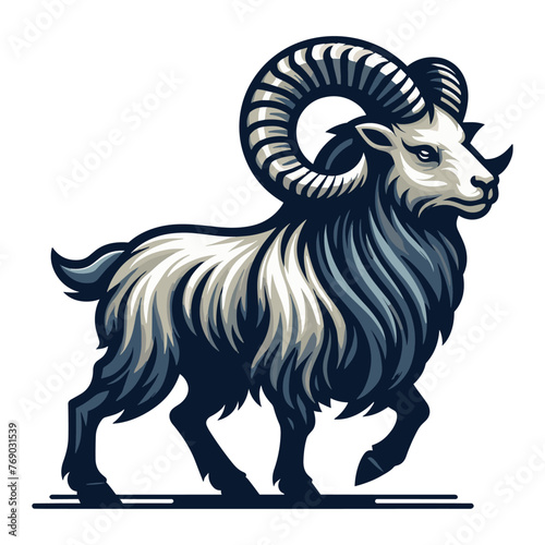 Bighorn horned ram sheep full body design illustration, animal livestock, farm pet, agriculture concept, butchery meat shop element, vector isolated on white background