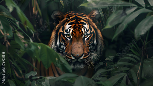 Fierce tiger prowling through dense foliage in the depths of the jungle © Muhammad