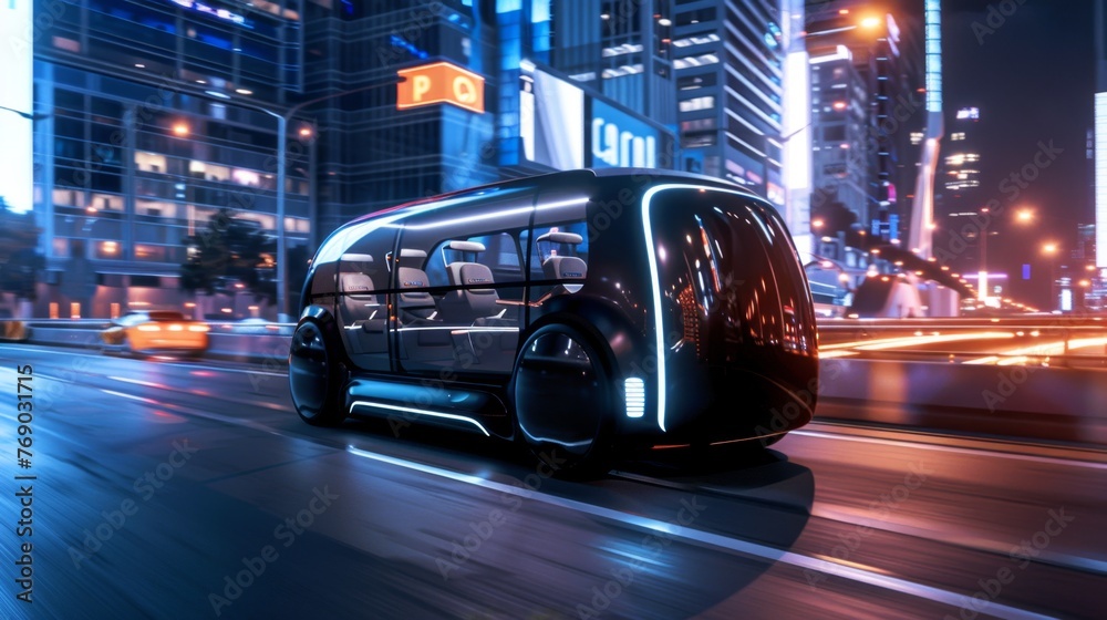 Futuristic Bus Driving Through City Street at Night