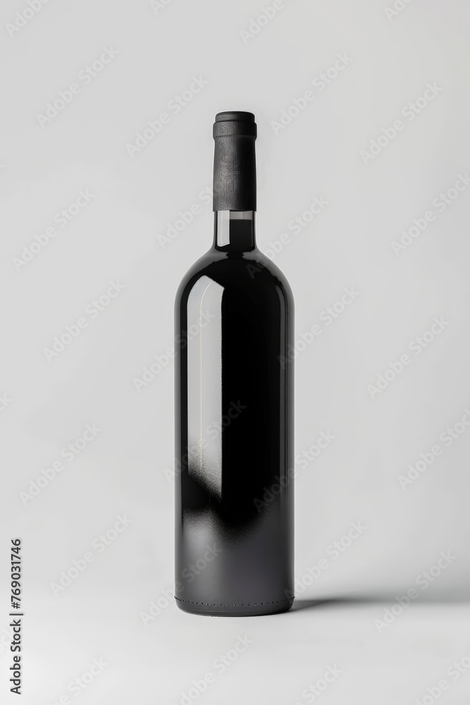 A black bottle of wine stands on a clean white background, showcasing elegance and simplicity A black bottle of wine stands on a clean white background, showcasing elegance and simplicity