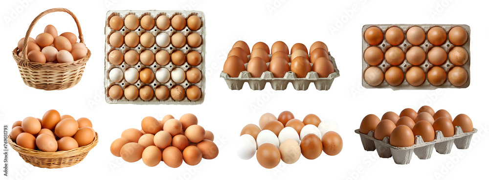 Collection Set of eggs in basket carton tray pile box cardboard container on transparent cutout, PNG file. Many different style. Mockup template for artwork design Collection Set of eggs in basket carton tray pile box cardboard container on transparent cutout, PNG file. Many different style. Mockup template for artwork design