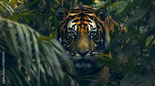 Fierce tiger prowling through dense foliage in the depths of the jungle