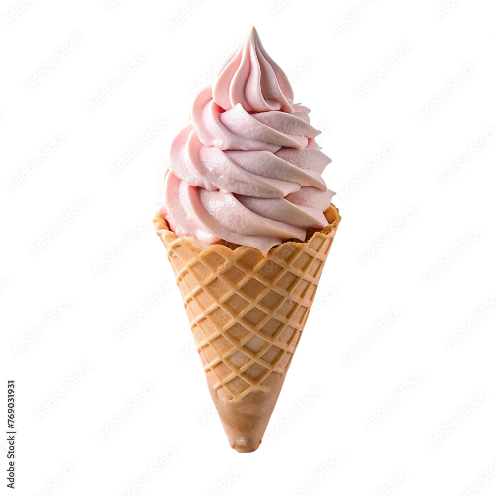 Pink soft ice cream in a waffle cone isolated on a transparent background.