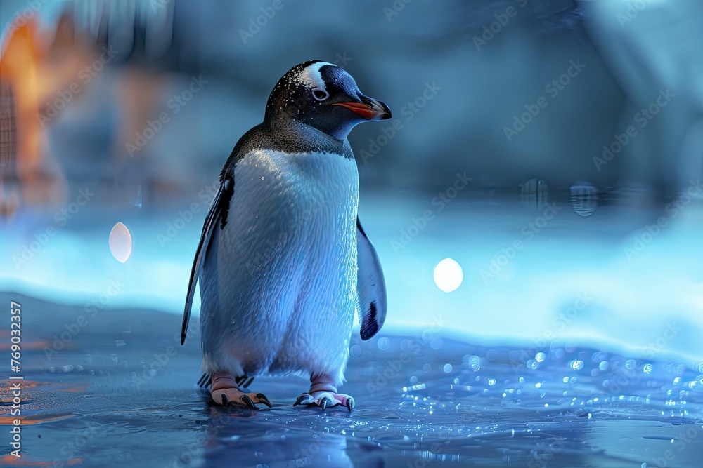 Fototapeta premium Modern Penguin on Icy Blue Floor, Crisp LED Lighting, Ideal for Cooling Appliances and Summer Product Displays