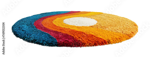 Modern, colorful round carpet, front view. Rug on transparent background. Cut out home decor. Contemporary style. Vibrant colors. Artistic design.