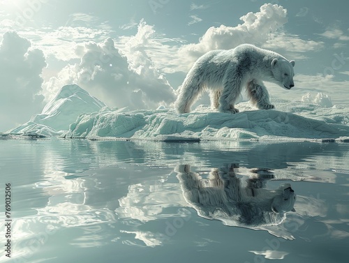 Polar Bear on Iceberg Floor, Arctic Sunlight Reflection, Ideal for Climate Change Awareness Campaigns and Eco Friendly Product Displays © Kanisorn