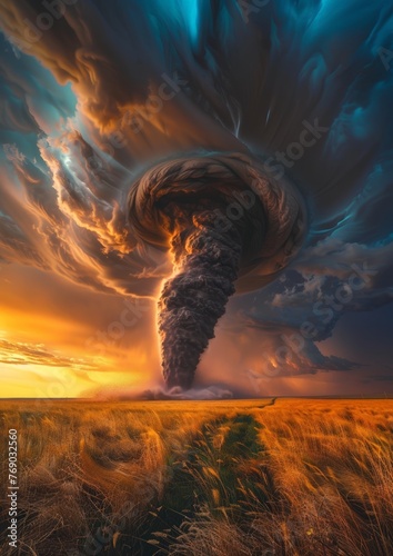 A massive tornado spiraling down from dark storm clouds in the sky towards the land below