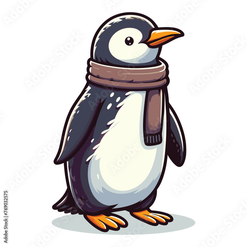 Cute cartoon penguin with scarf mascot character design illustration, bird of Antarctica animal icon, south pole animal illustration, vector template isolated on white background