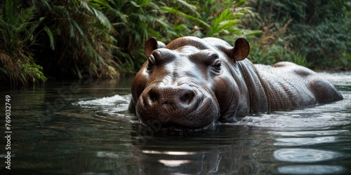  A hippo in water surrounded by trees and bushes