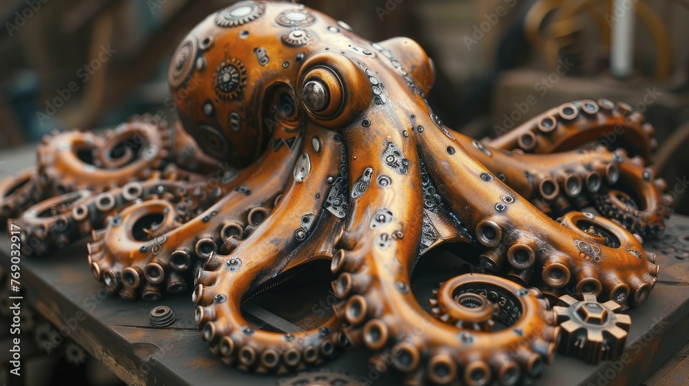 Obraz premium An intricate steampunk octopus adorns a Victorian gearwork floor, lit by antique brass lighting - perfect for unique decor and accessory displays.