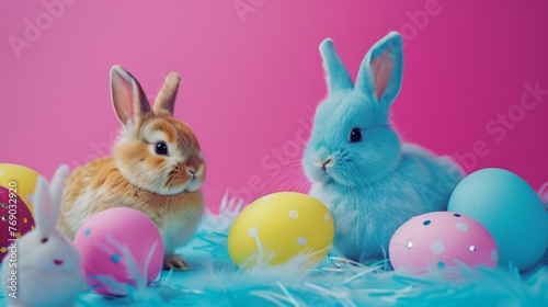 Colorful Easter Bunnies and Eggs on Pink