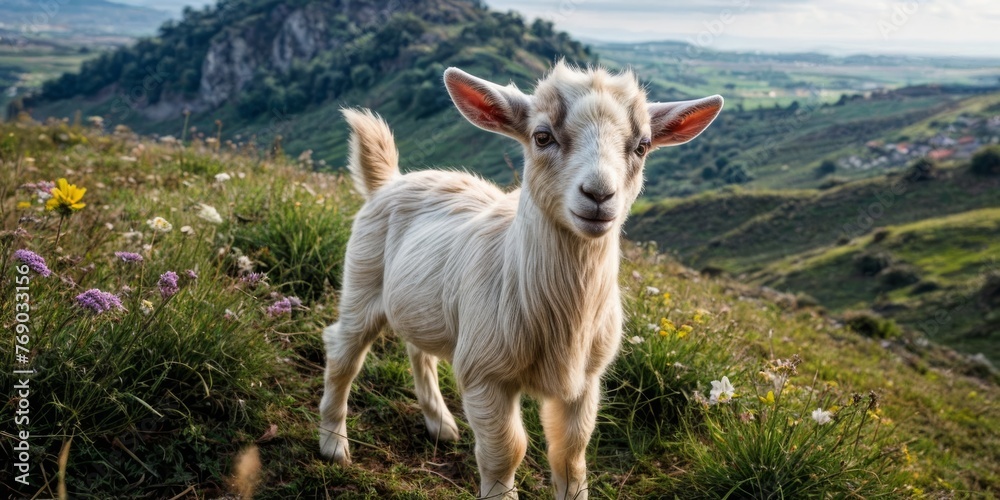 Obraz premium A Goat atop Hill Surrounded by Flowers and Valleys below