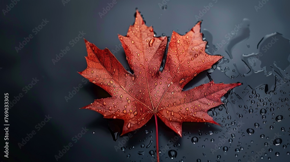Wet Autumn Leaf on Dark Surface Wet Autumn Leaf on Dark Surface