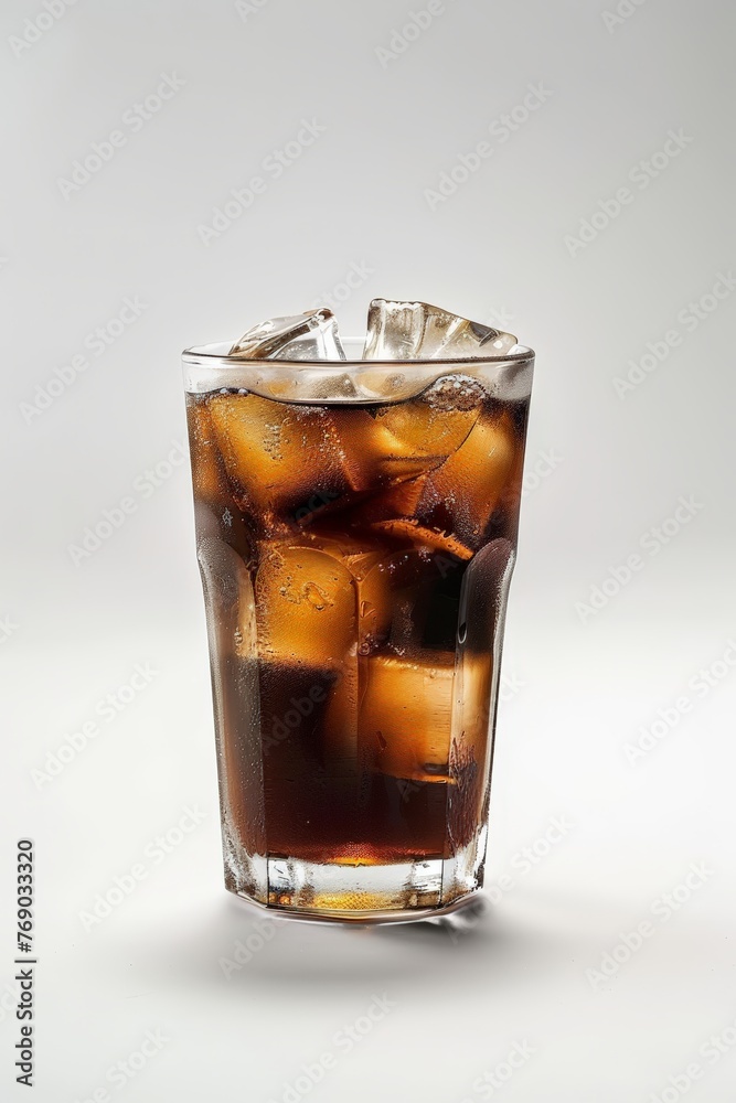 A glass filled with bubbly soda and ice cubes, condensation forming on its surface, ready to provide a cool and refreshing drink A glass filled with bubbly soda and ice cubes, condensation forming on its surface, ready to provide a cool and refreshing drink