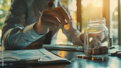 Business man putting coin in glass bottle saving bank and account for his money all in finance accounting concept.