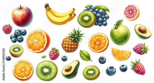 Set of watercolor fruits . AI