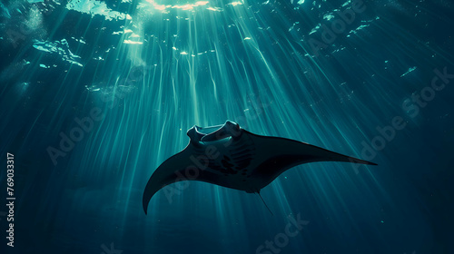 Gliding manta ray gracefully navigating through azure ocean depths