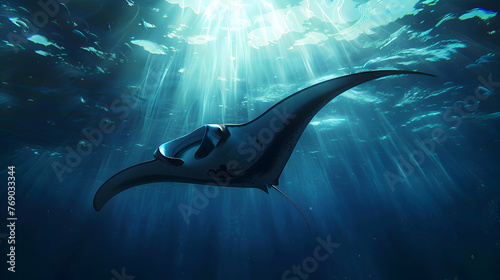 Gliding manta ray gracefully navigating through azure ocean depths
