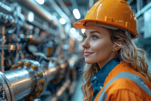 Portrait of a female engineer with a hard hat in an industrial setting, looking at machinery with focus and professionalism