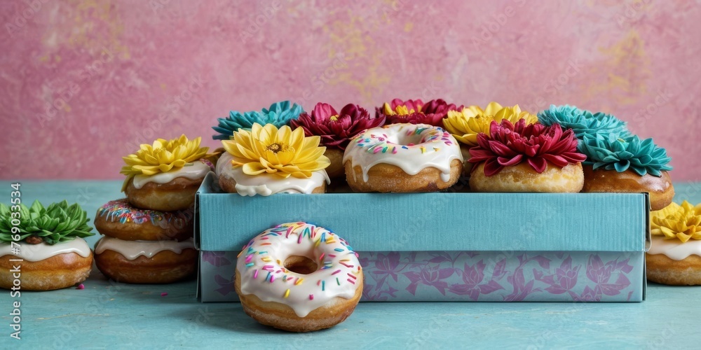   A donut box filled with frosted donuts and sprinkles, alongside a bouquet of flowers