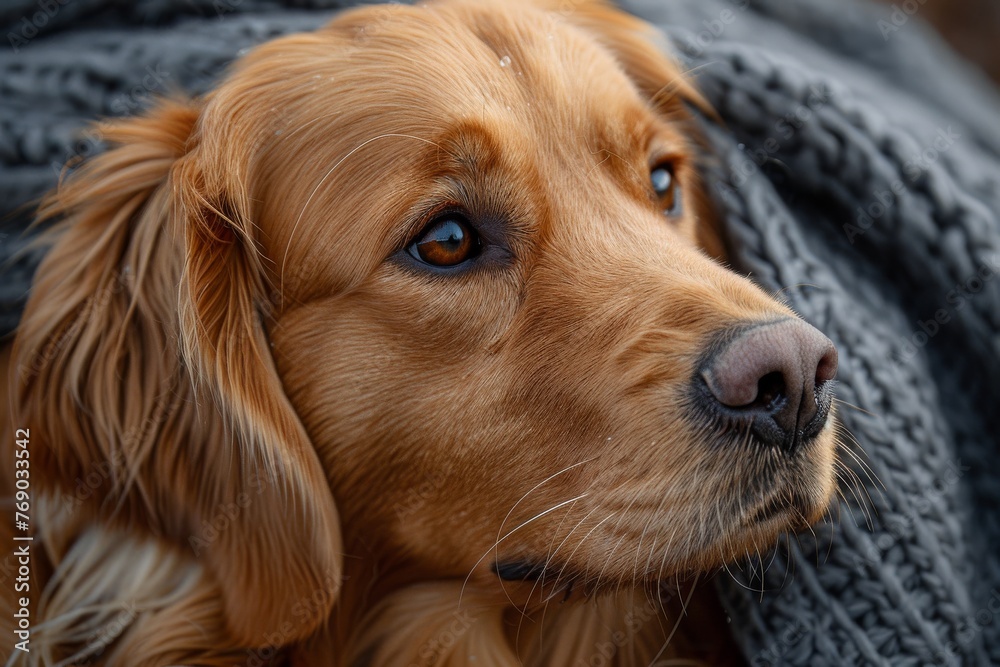 A serene golden retriever found comfort on a soft blanket, the details highlighting the warmth and texture