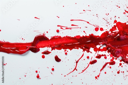 Red blood stains are smeared on a white background