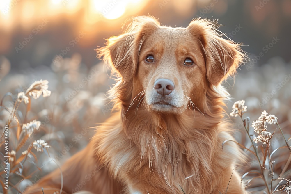 Tranquil scene of a contemplative golden retriever savoring the peaceful ambiance at sunset amid dry grass