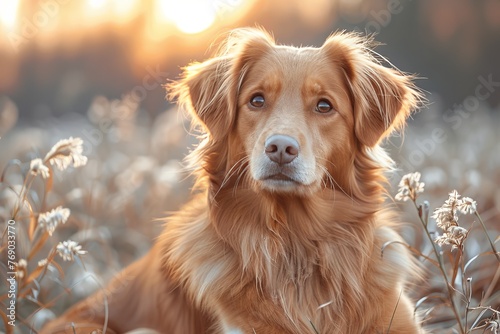 Tranquil scene of a contemplative golden retriever savoring the peaceful ambiance at sunset amid dry grass © LifeMedia
