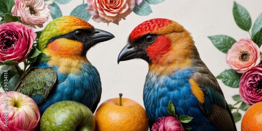   A few birds perched atop a mound of fruits beside a bouquet of flowers