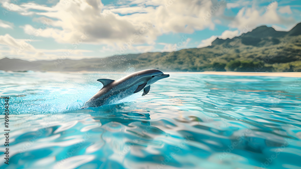 Fototapeta premium Graceful dolphin leaping gracefully out of crystal-clear waters