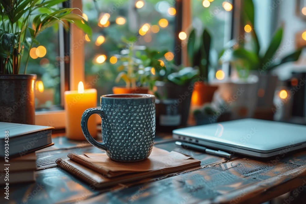 A well-decorated workspace with a blue mug, open notebook, and lit candles creating a peaceful atmosphere A well-decorated workspace with a blue mug, open notebook, and lit candles creating a peaceful atmosphere