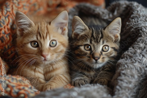 Heartwarming image of a pair of cute kittens cuddled up cozily in a soft blanket