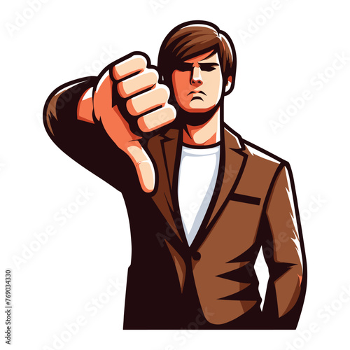 Man showing thumbs down vector illustration, unhappy male gesturing disapproval sign, dislike, disagreement, negative expression. design template isolated on white background