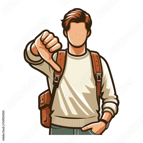 Man showing thumbs down vector illustration, unhappy male gesturing disapproval sign, dislike, disagreement, negative expression. design template isolated on white background