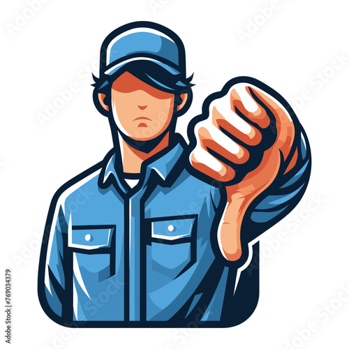 Man showing thumbs down design illustration, unhappy male gesturing dislike, disapproval sign, negative expression, disagreement. vector template isolated on white background