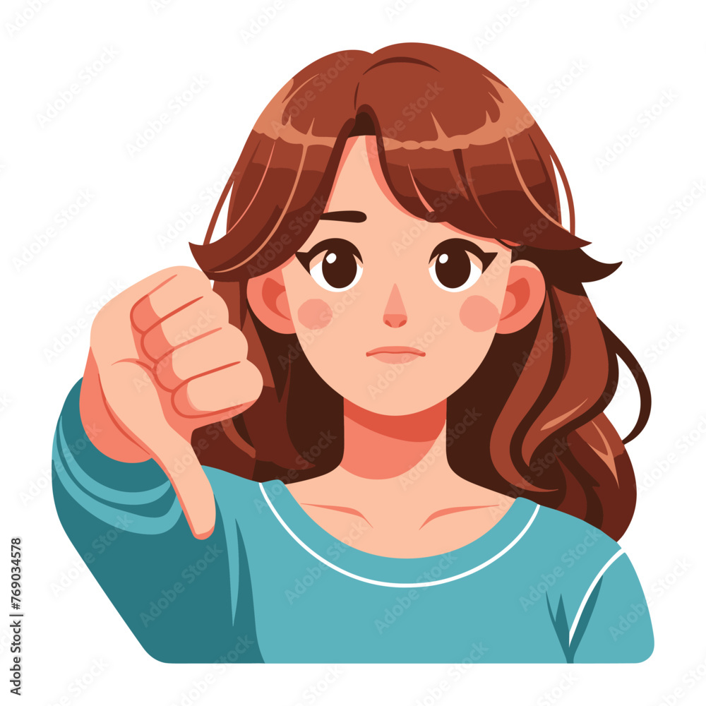 Woman showing thumbs down design illustration, unhappy girl gesturing dislike, disapproval sign, negative expression, disagreement. vector template isolated on white background Woman showing thumbs down design illustration, unhappy girl gesturing dislike, disapproval sign, negative expression, disagreement. vector template isolated on white background