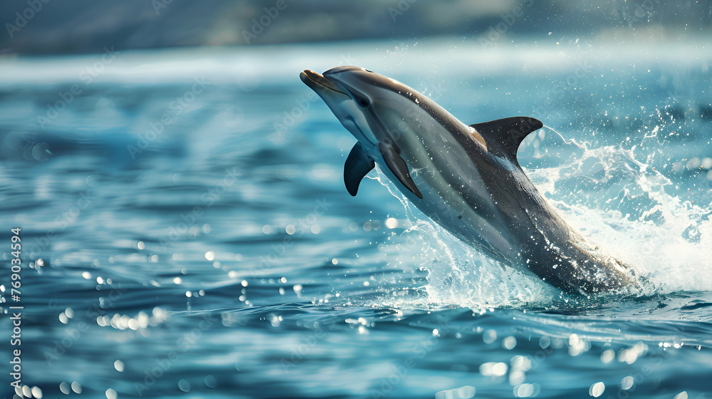 Obraz premium Graceful dolphin leaping gracefully out of crystal-clear waters