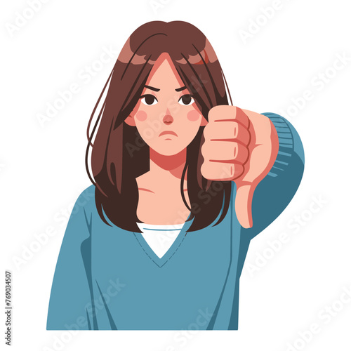 Woman showing thumbs down design illustration, unhappy girl gesturing dislike, disapproval sign, negative expression, disagreement. vector template isolated on white background