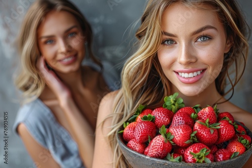 A happy blonde woman holds a bowl of strawberries, smiling with her reflection visible