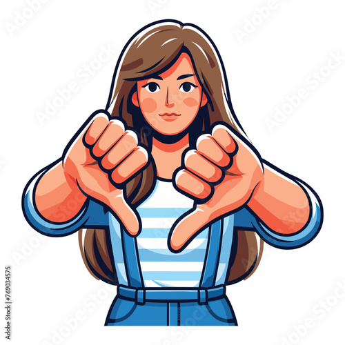 Woman showing thumbs down design illustration, unhappy girl gesturing dislike, disapproval sign, negative expression, disagreement. vector template isolated on white background